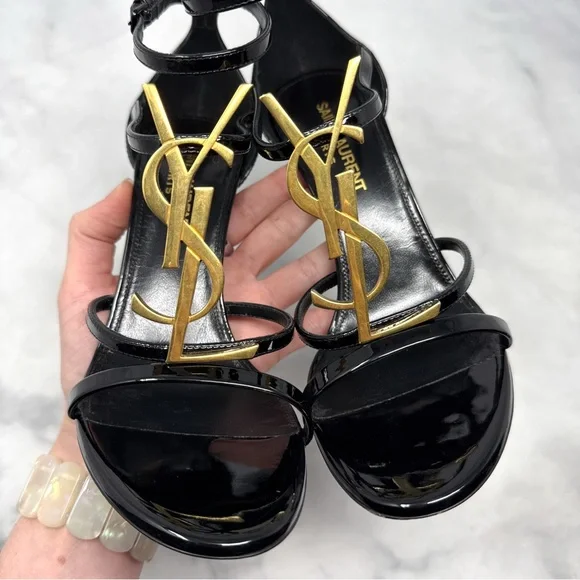 Saint Laurent YSL Cassandra Patent Leather Strappy Sandal Heels Black Gold 36.5 - Picture 5 of 16